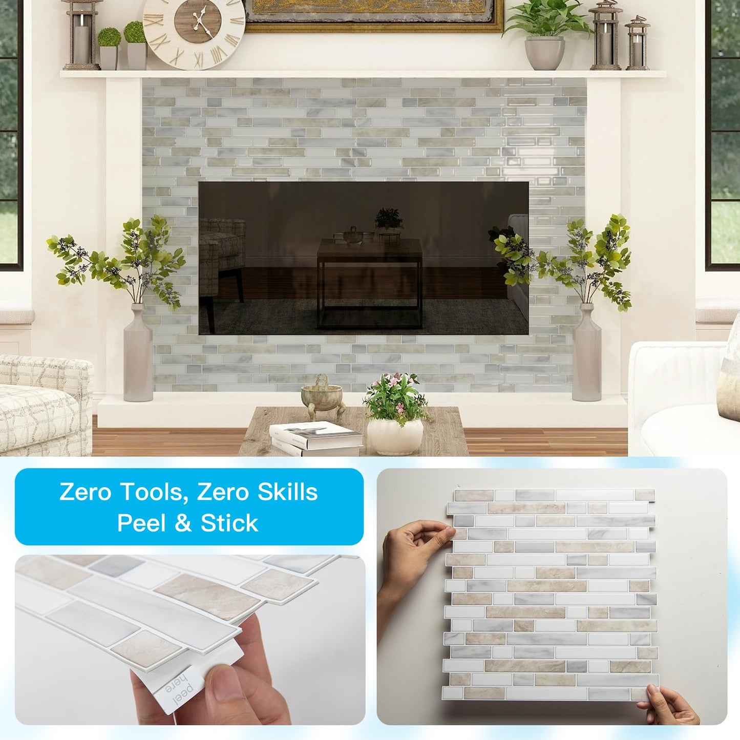 Art3d 10-Sheet Heavy-Duty Peel and Stick Backsplash, Waterproof Wall Tiles Stick on Kitchen Backsplash Living Space, Beige & White