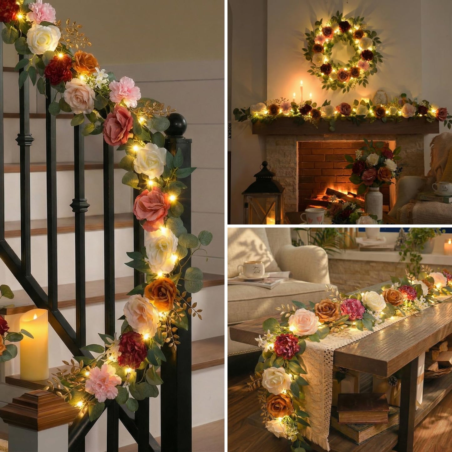 Valery Madelyn Pre-Lit Spring Flower Garland for Mantle with Lights, 6 feet Fake Roses Artificial Floral Vines Hanging Garland Decorations for Mothers Day Wedding Anniversary Party Table Home Decor