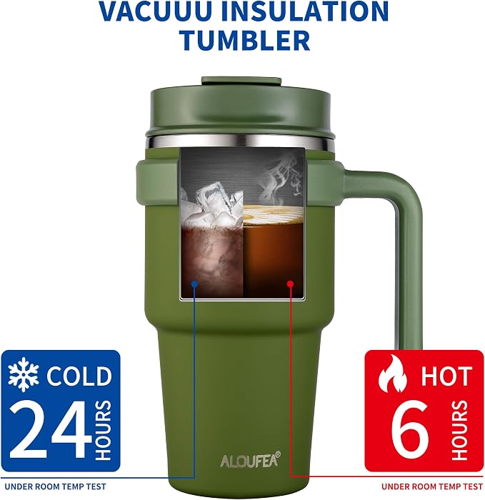 20 oz Insulated Coffee Mug Tumbler with Handle, Stainless Steel Travel Mug Tumbler with Lid and Straw,Double Wall Vacuum Leak Proof Ice Coffee Thermal Cup, Army Green