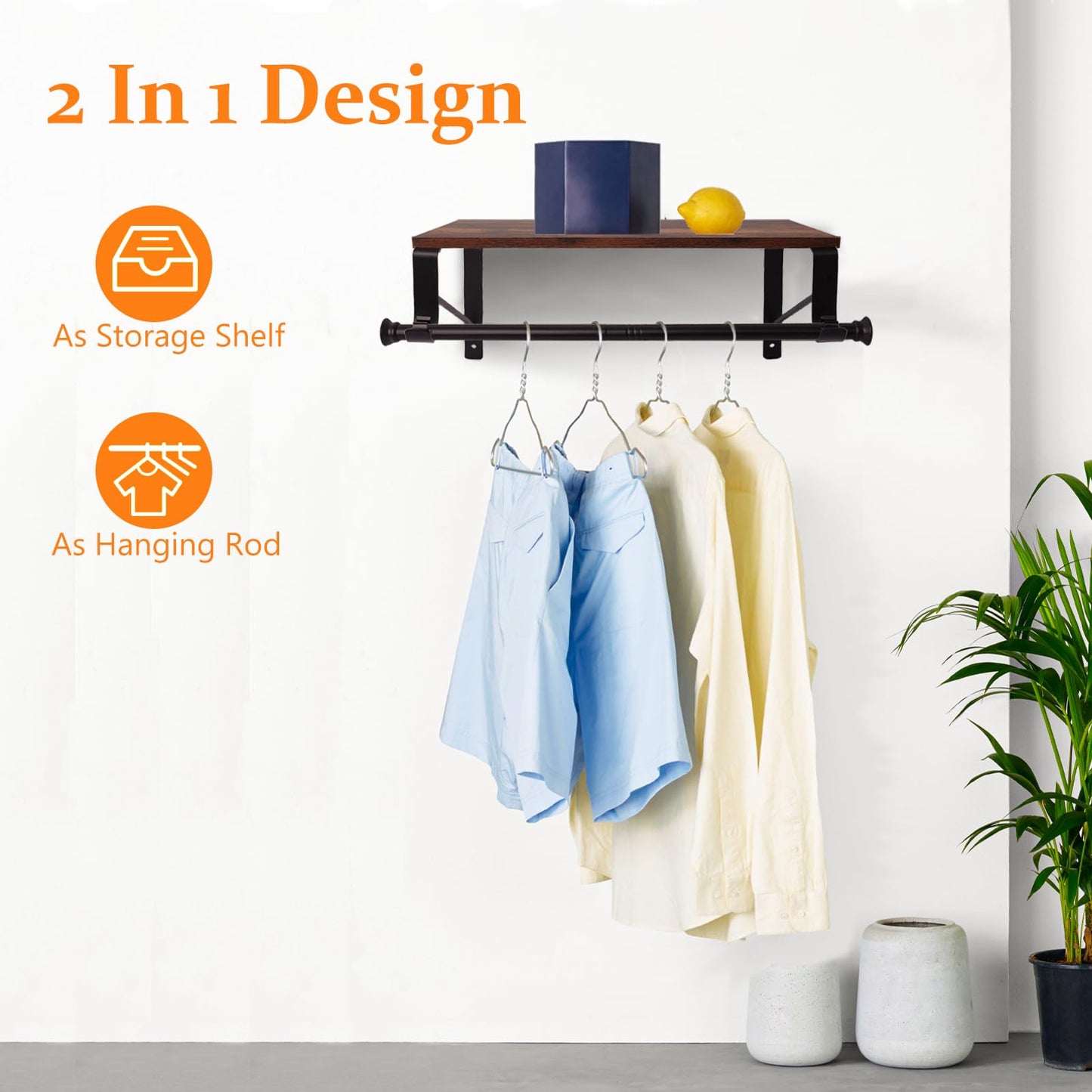 Wall Mounted Closet Organizer with Adjustable Hanging Rod and Storage Shelf, Heavy Duty Closet Shelf with Hanging Rod, Space Saving Wall Hanging Rack for Bedroom, Bathroom, Laundry Room, Kitchen