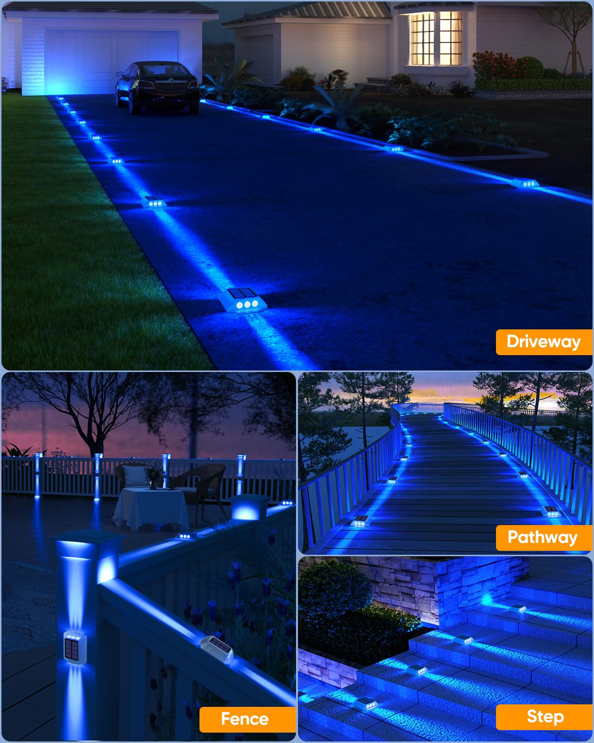 DetarZinLED Solar Driveway Lights Outdoor, 4 Pack IP68 Waterproof Dock Deck Lights Solar Powered, Stick on & Screw Blue Markers Light for Pathway, Walkway, Sidewalk, Patio, Pool Deck, Garage Entrance