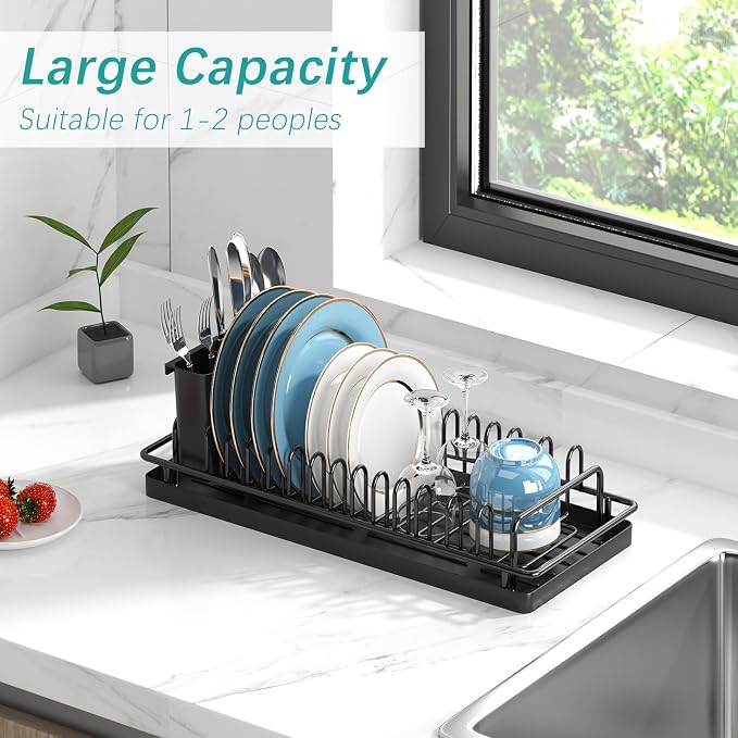 Giwil Small Dish Drying Rack, Compact Dish Rack with Silicone Tray and Caddy, Multifunctional Dish Drainer Sink Drying Rack for Kitchen Counter & Over the Sink, Stainless Stell, Black