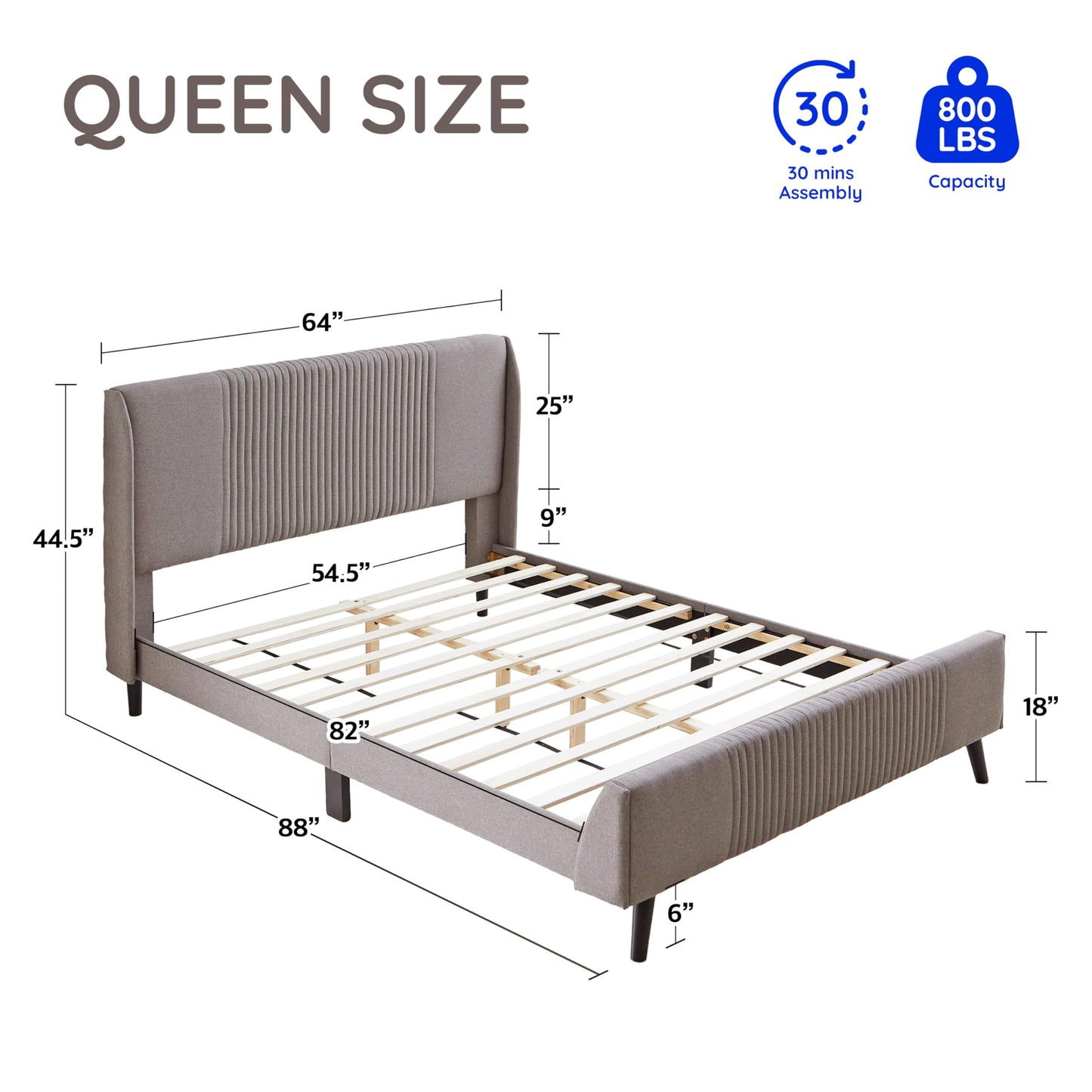 Livinia Sunset Queen Size Wingback Platform Bed, Fabric Upholstered Queen Bed Frame with Vertical Channel Tufted Headboard Footboard, Strong Wood Slats, No Box Spring Needed, Gray (Queen)