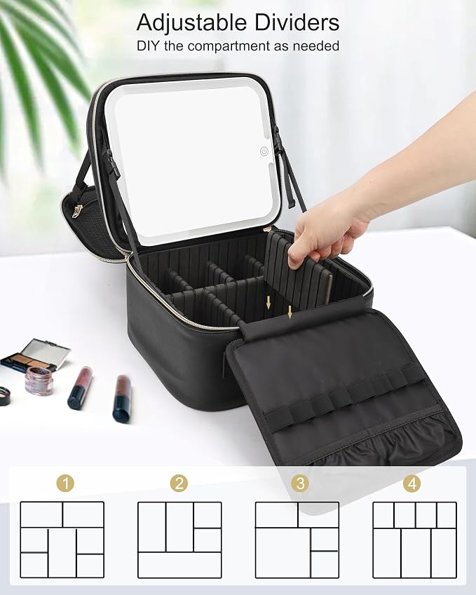 Chomeiu Makeup Bag with LED Mirror, 2 Layer Travel Makeup Case for Women and Makeup Artists Cosmetic Organizer Large Make Up Bags, 3 Color Lights, Adjustable Dividers and Brush Holder