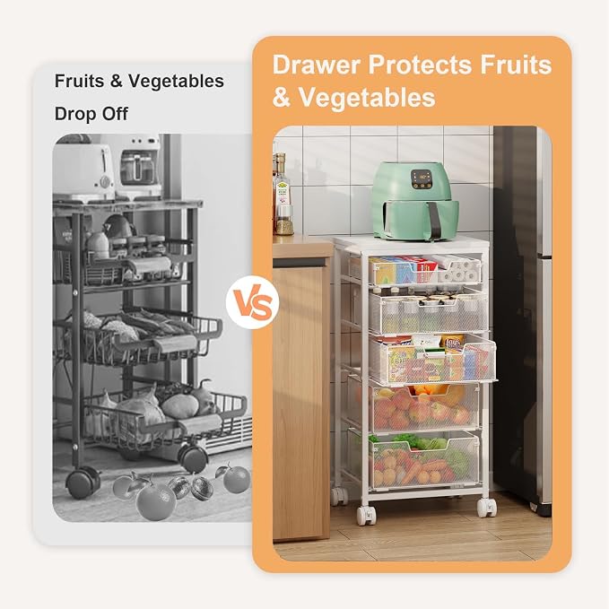 Kitchen Storage Cart with Wheels, 5-Tier Fruit Vegetable Storage Cart, Kitchen Organizer and Storage Cart with Drawers, Wooden Top Metal Wire Pantry Storage Cart for Fruit Snack Onion Potato, White