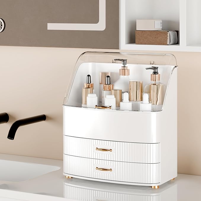 Makeup Organizer Countertop Vanity with Transparent Lid Drawers Waterproof Dustproof Cosmetic Skincare Bathroom Storage Gift for Women Teens Girls (White)