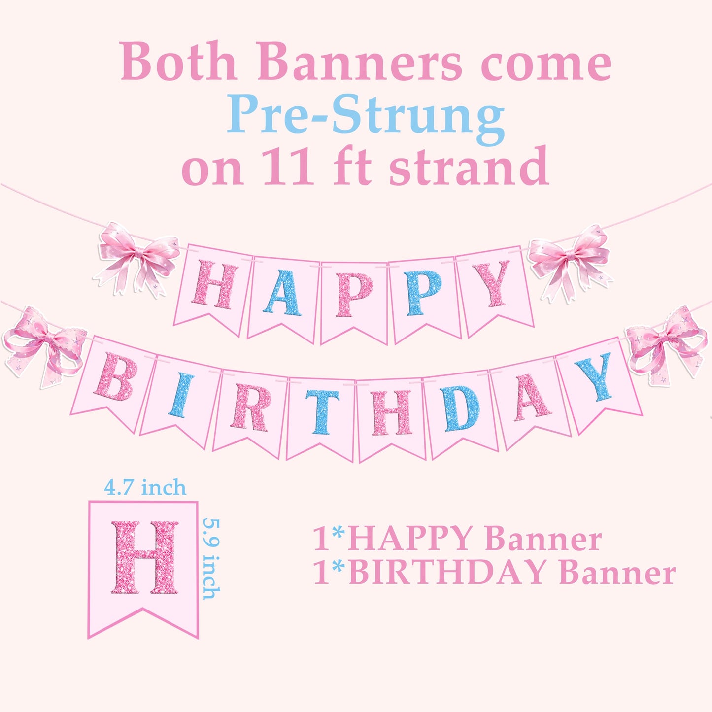 Pre-strung Pink Bow Happy Birthday Decorations - Happy Birthday Banner and Pink Bow Hanging Swirls Kit Decor for Girls Women Room Bachelorette Party