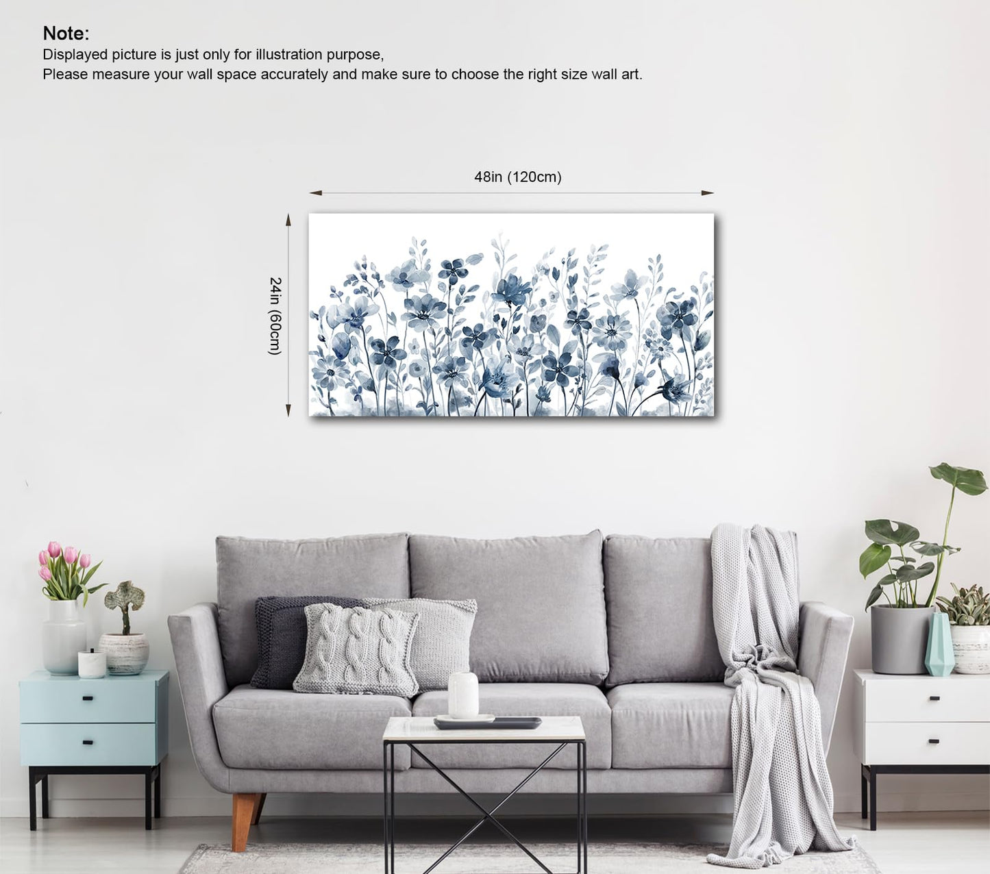 Large Flowers Wall Art for Living Room Decor Framed Art Indigo Wildflower Canvas Pictures Abstract Artwork Navy Blue Floral Canvas Prints for Bedroom Kitchen Home Office Wall Decor 24" x 48"