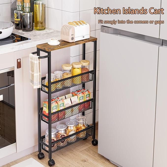 AZERPIAN Slim Rolling Cart 4 Tier Narrow Storage Cart on Wheels with MDF Board Top and Metal Handle for Small Space Kitchen Living Room Home Office Pantry Bathroom Laundry Room(16.54×5.12×30.31 inch)