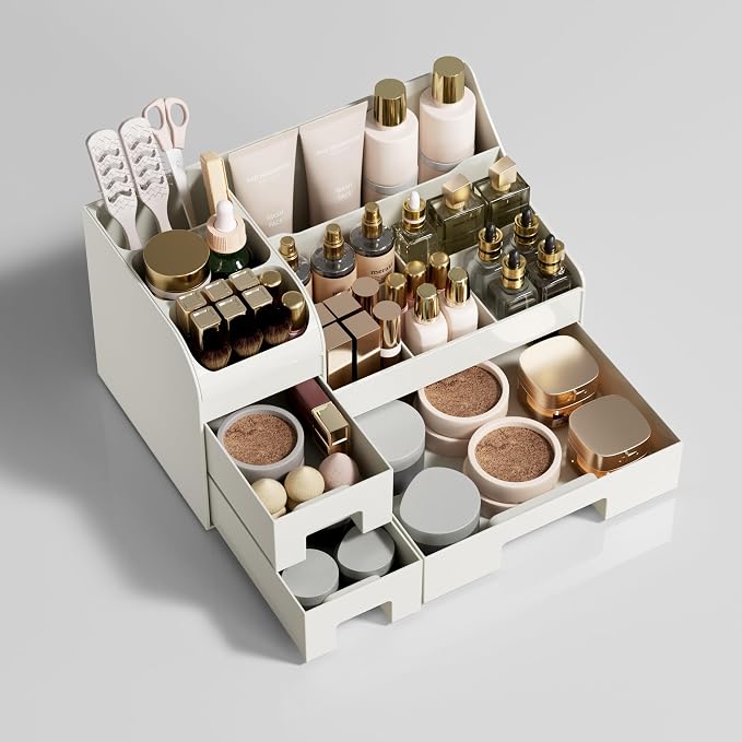 Makeup Organizer with Drawers,Large Cosmetic Storage Box,Countertop Skincare Organizer,ABS Makeup Brush Holder for Bathroom,Desk,Dresser,Multifunctional Beauty Display Case,White transparent