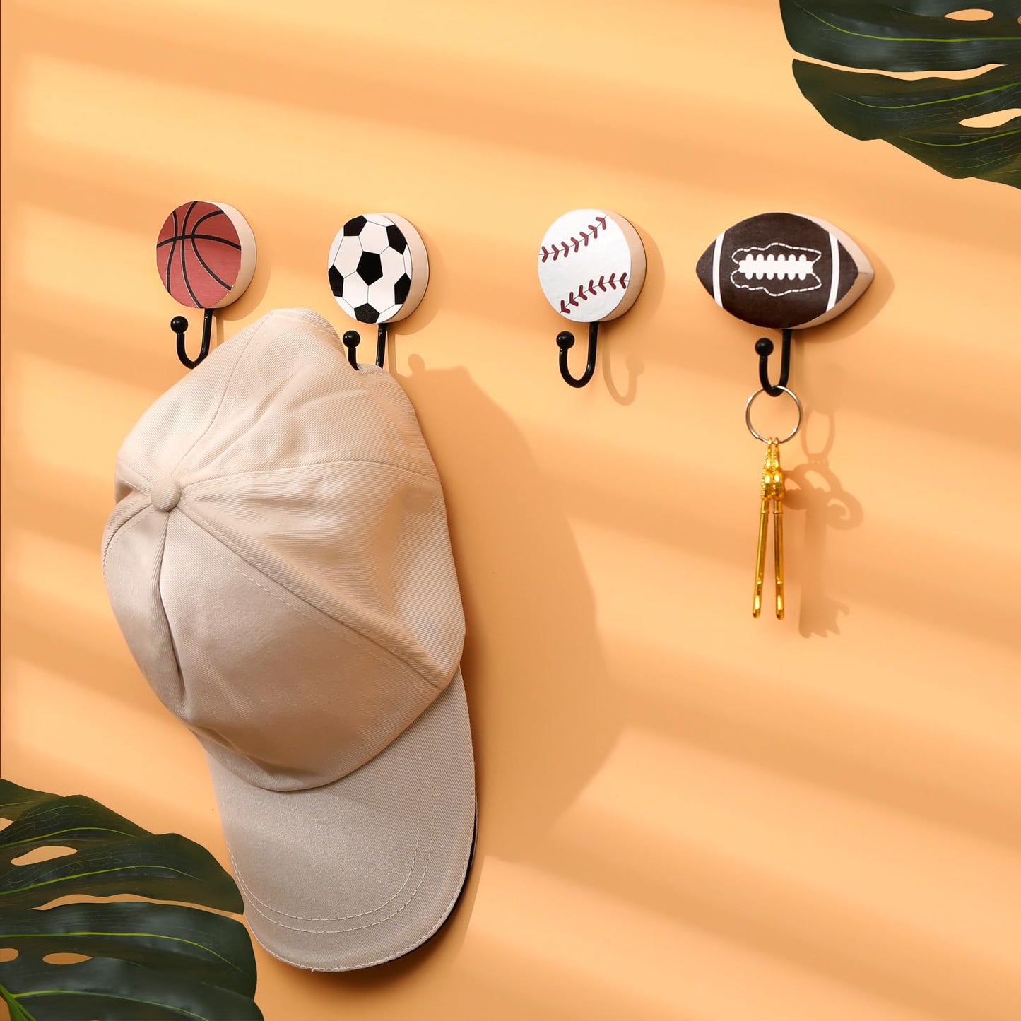 Marsui 4 Pcs Sports Hooks for Wall, Baseball Football Soccer Basketball Sports Room Decor, Wood Towel Coat Hook with 8 Screws, Wall Mounted Decor for Bathroom Nursery Bedroom(Flat Single Hook,2 Inch)