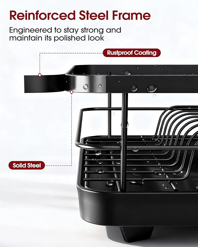 Sakugi Dish Drying Rack - Stainless Steel Dish Rack with Drainboard for Kitchen Counter and Sink, 15.6" D x 12" W x 5" H, Black