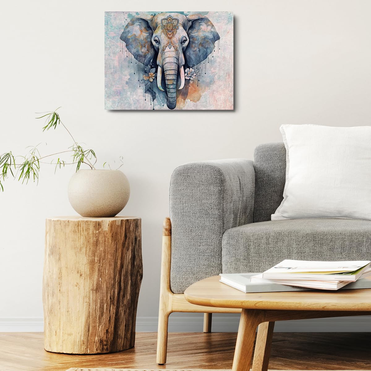 Retro Elephant Wall Art - Vintage Animal Themed Canvas Framed Poster - 15" x 11.4" for Home, Farmhouse, Bedroom, Kitchen, Living Room