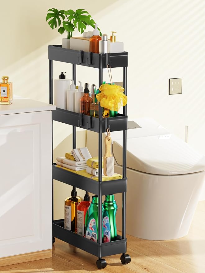 LEHOM 5.1Inch Slim Storage Cart - 4 Tiers Bathroom Organizer Mobile Shelving Unit Storage Rolling Utility Cart Slide Out Organizer for Kitchen Bathroom Laundry Narrow Places, Black U4