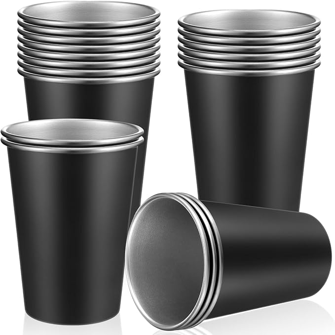 Mimorou 20 Pack 12 oz Stainless Steel Pint Cups Metal Cups Unbreakable Drinking Water Tumblers Stackable Tumbler for Adults Bar Home Restaurant Travel Picnic Camping Outdoor (Black)