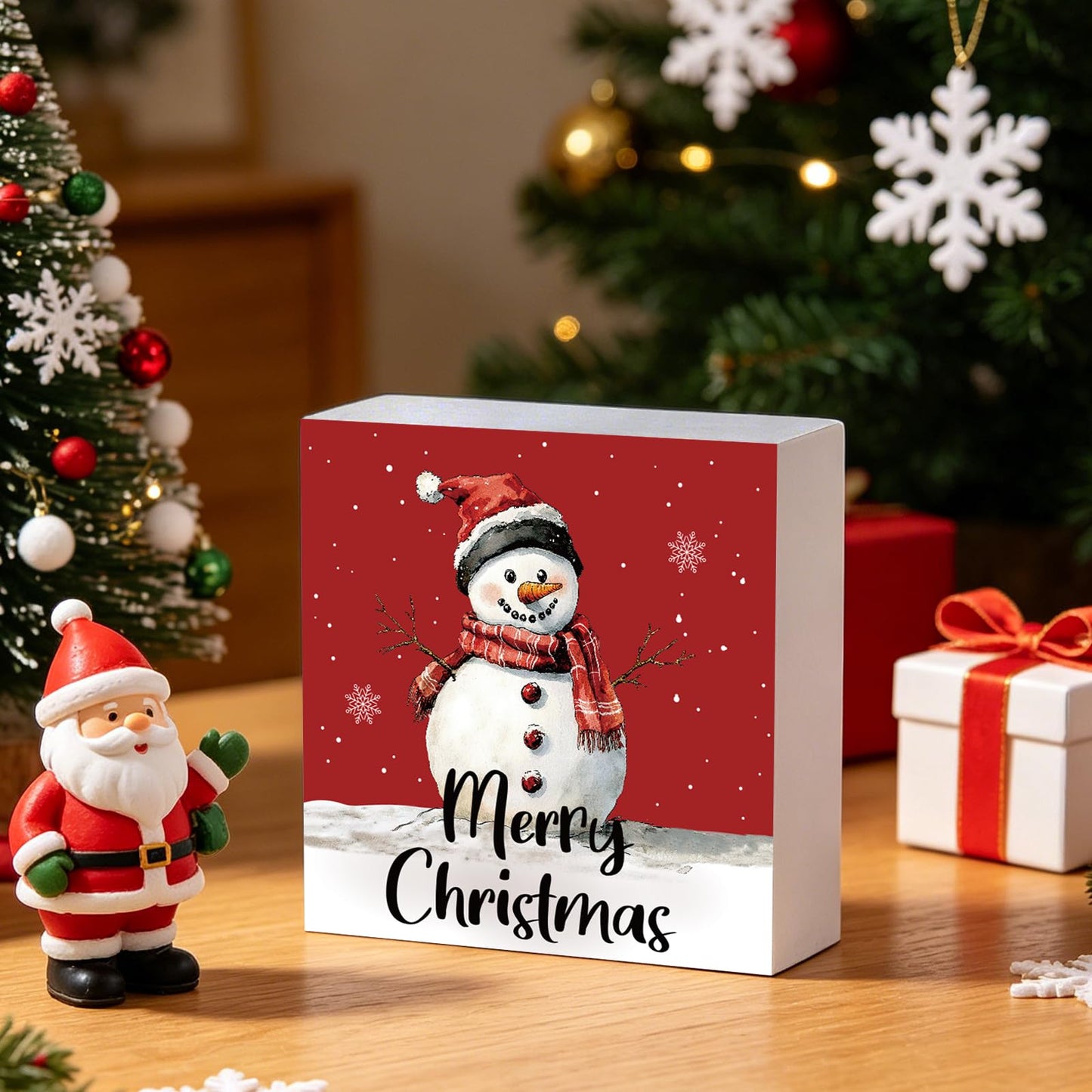 Christmas Decorations Indoor Christmas Decor Table Winter Home Room Snowman Office Bathroom Wood Box Sign Rustic Wooden Shelf Desk Decor Season Sign House Warming Gifts 5.9 x 5.9 Inch