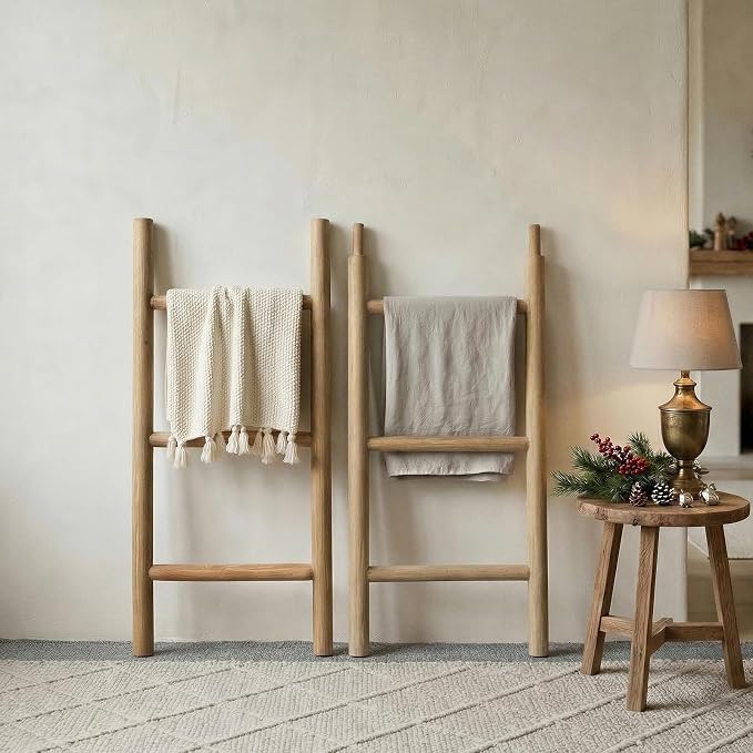 Wooden Blanket Ladder - 76in Natural Wood Color- Leaning Wall Decor for Bedroom, Bathroom, Living Room - Rustic Quilt Holder (Brown (Knock Down), 76in | Knock Down)