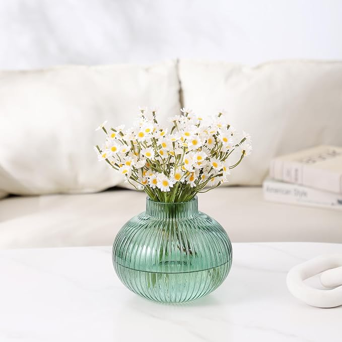 Green Glass Vase for Tulips, Ribbed Glass Vase for Flowers, Round Flower Vases, Small Short Vases for Living Room, Office, Coffee Table, Shelf, Wedding, 6 Inches