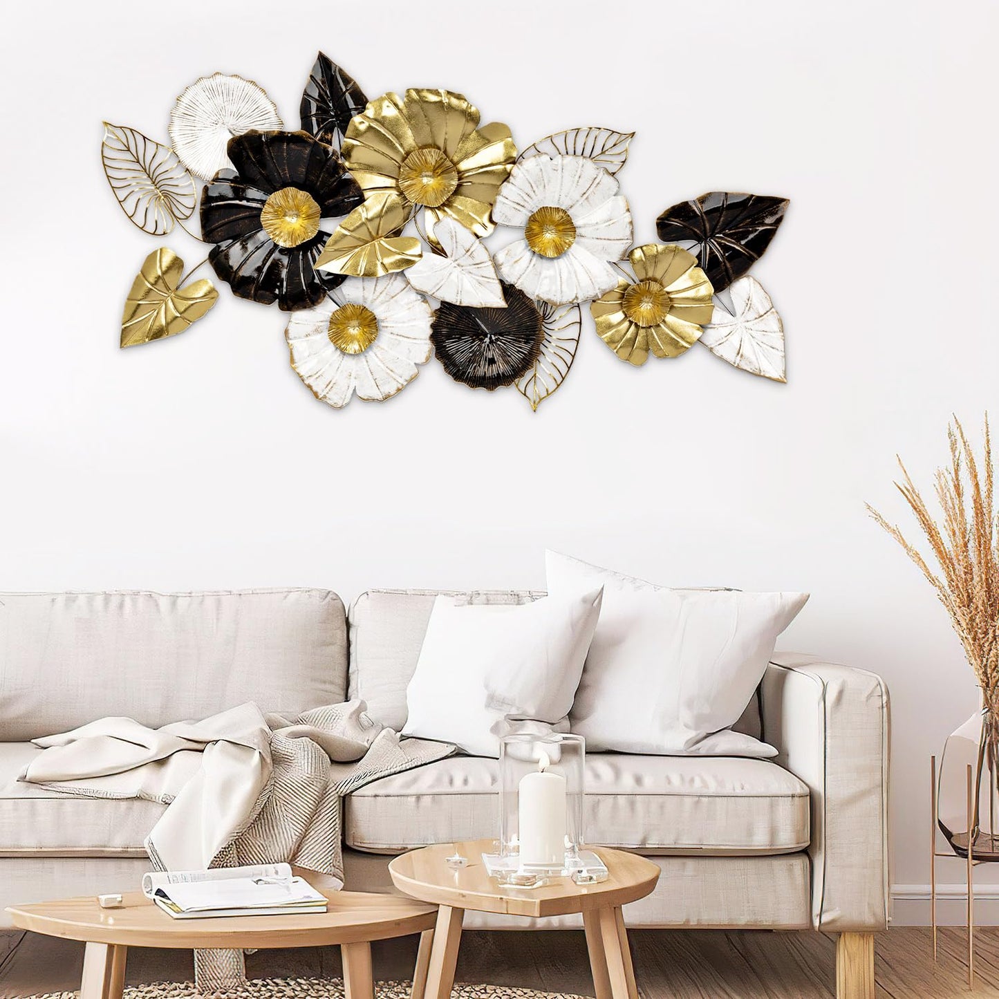 45 Inch Extra Large Wall Decor Art Wall Accents for Living Room, White Gold and Black Wall Art Metal Hanging Decor, Home Kitchen Bathroom Above Bed TV Over White Wall Decor, Rustic Wall Sculptures Decoration