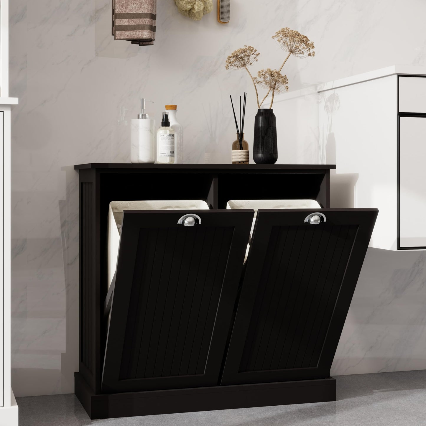 agnixnaf Laundry Sorter Cabinet, Two-Compartment Tilt-Out, Black Storage Cabinet, for Small Bothroom