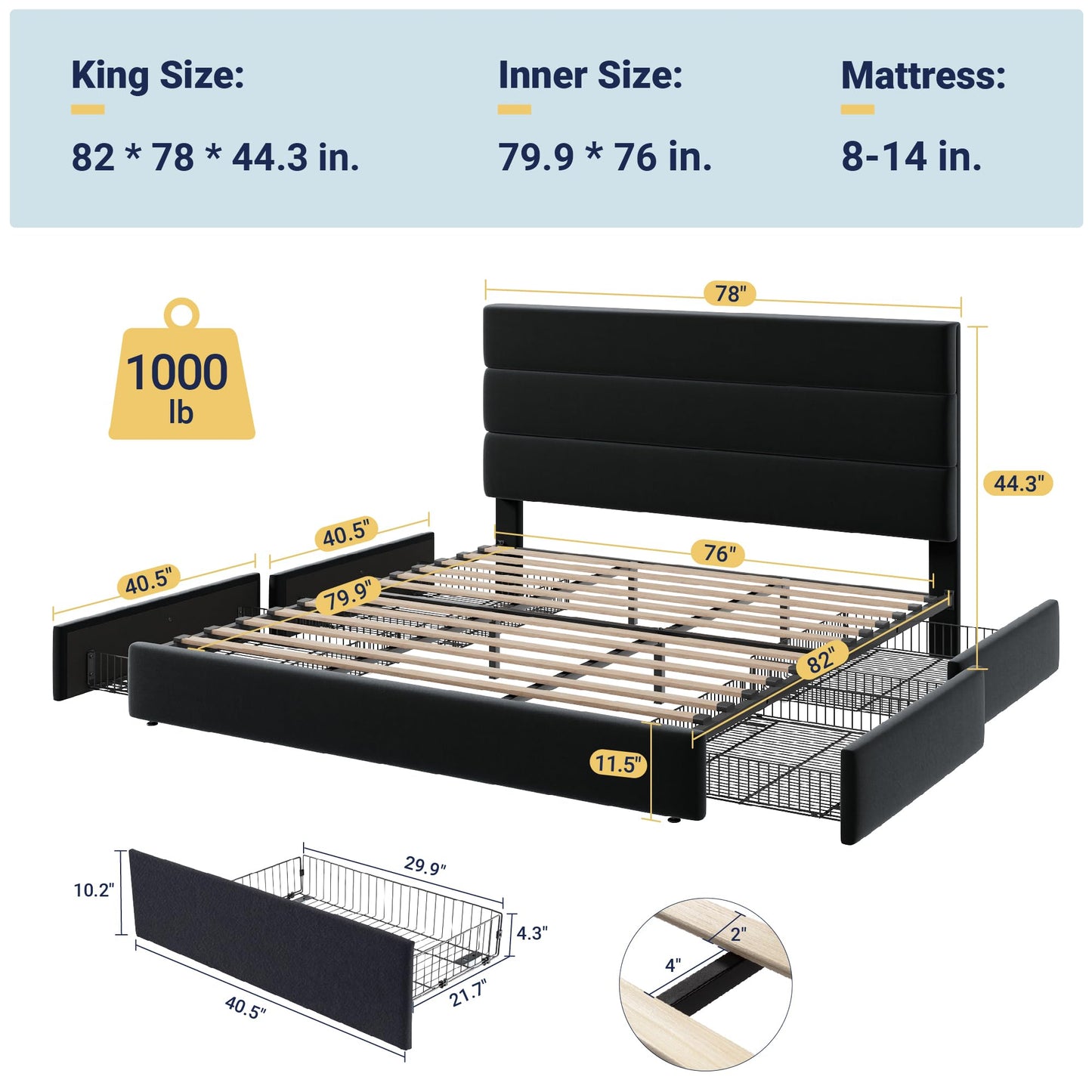 Allewie Modern King Size Platform Bed Frame with 4 Storage Drawers and Velvet Upholstered Headboard, Wooden Slats Support, Upholstered Mattress Foundation/No Box Spring Needed/Easy Assembly, Black