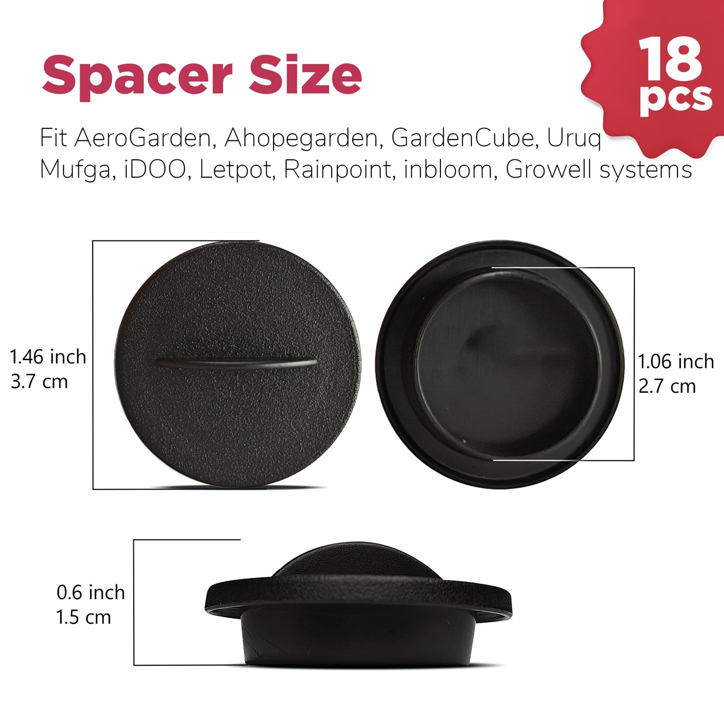 Universal Plant Spacer Caps (18 Pack) Compatible with Aerogarden, Ahopegarden, GardenCube, iDOO, Mufga, Letpot and Other Hydroponics Growing System Kit, Pod Cover Lids for Indoor Garden Kit, Black