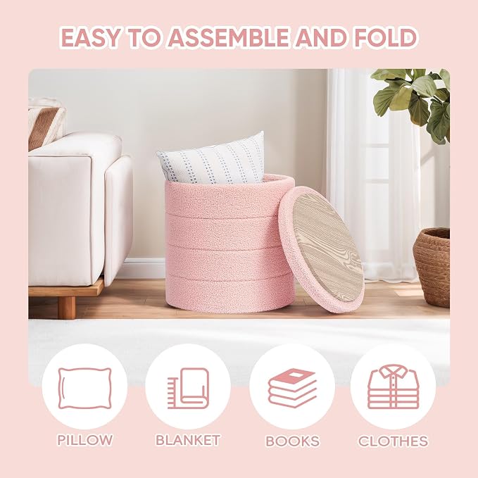 PINPLUS Round Storage Ottoman Foot Rest Stool with Tray Velvet Sherpa Folding Storage Ottoman,Boucle Foot Rest for Living Room, Bedroom, Dorm,Pink Color
