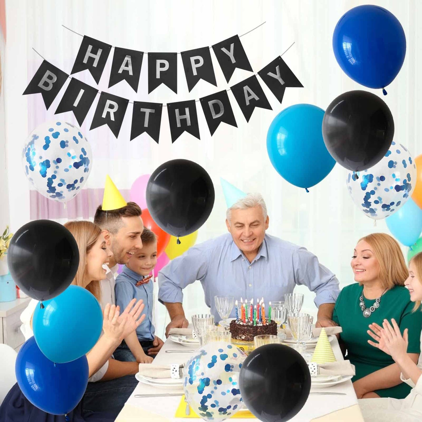 ANSOMO Blue and Black Happy Birthday Party Decorations for Boys Men Banner Balloons Navy Royal Light Blue Pom Poms Foil Curtain Décor Supplies 13th 16th 18th 20th 30th 40th 50th 60th 70th 80th