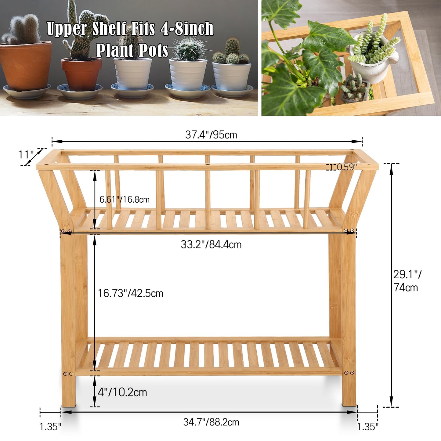 Nnewvante Bamboo Plant Stand Indoor 37.4"x11" 2 Tier Tall Plant Table Shelf Flower Pot Organizer Holder, Sofa Entryway Table for Window-sill Living Room Balcony