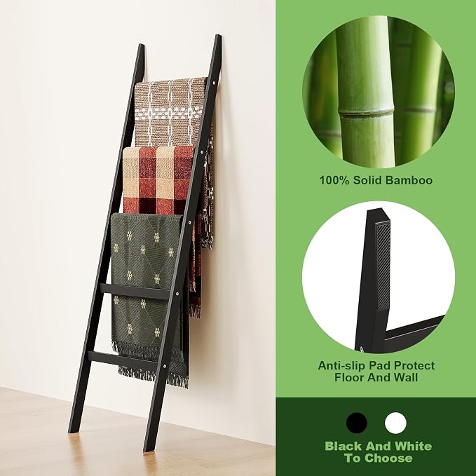 Blanket Ladder Towel Racks For Bathroom 5 Layers Towel Holder 100% Bamboo Wood Sturdy Construction No Need Wall Drilling Quilt Scarf Storage Solution Decorative Leaning Shelf for Living Room (Black)