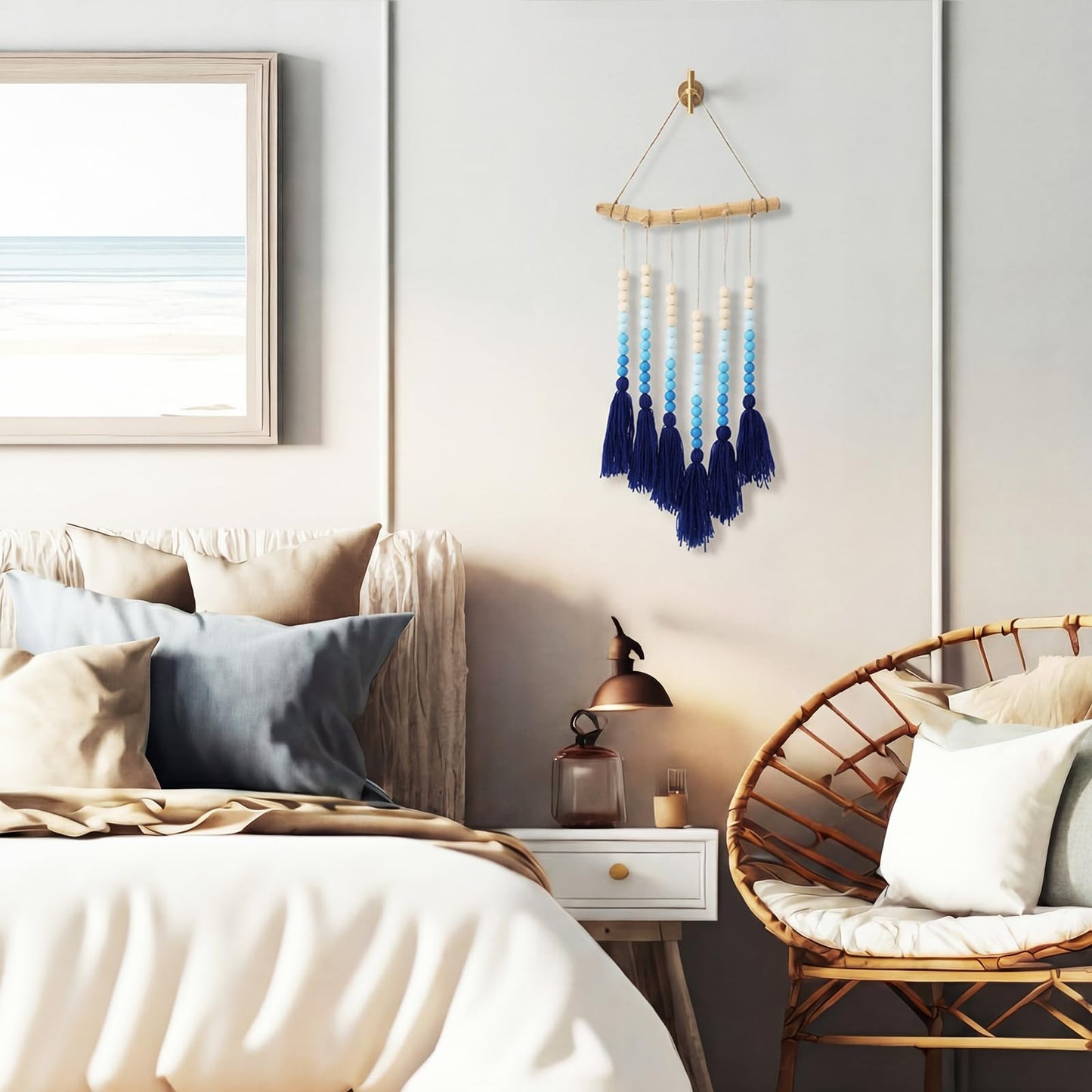 Suncalla Large Macramé Boho Chic Wooden Bead Wall Hanging Tapestry Decor Blue Bead Bedroom Art Decor with Tassels for Living Room Apartment Home Nursery Birthday Party Backdrop