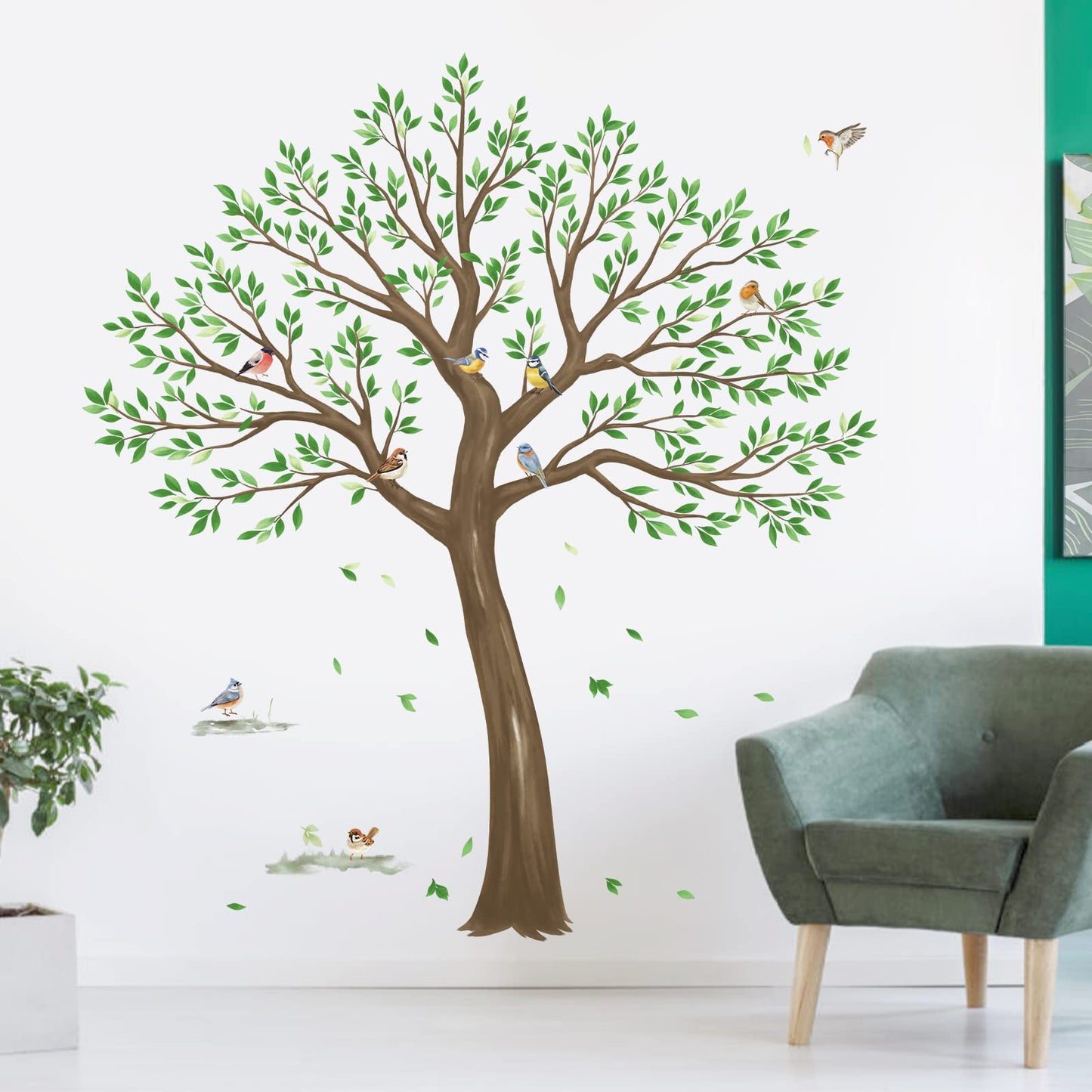 wondever Large Tree Wall Stickers Green Leaves Birds Peel and Stick Wall Decals for Living Room Bedroom TV Wall (H: 63inches)