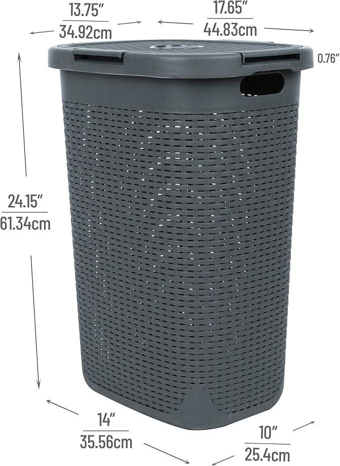 Mind Reader 60L Slim Laundry Hamper, Clothes Basket, Lid, Wicker Style, Plastic, 17.65"L x 13.75"W x 24.15"H, Set of 2, Gray