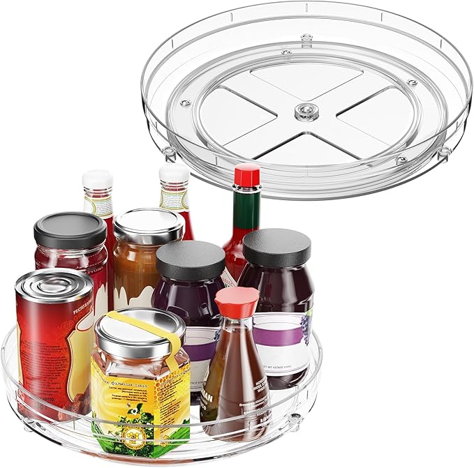 Optish 4 Pack 9.5" Lazy Susan Organizer, Lazy Susan Turntable for Cabinet, Spice Organization for Cabinet, Refrigerator, Pantry, Closet, Countertop, Non-Skid Turntable Organizer, Clear