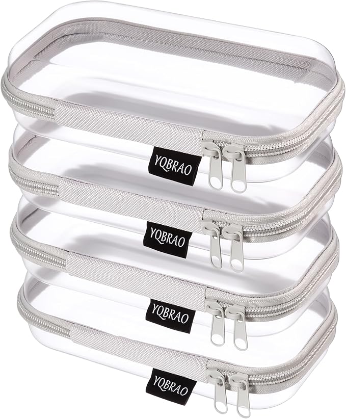 YQBRAO 4-Pack Clear Hard Shell Zipper Case, 1.2mm Ultra-Thick Diaper Bag Organizer Pouches, Rigid Self-Standing Travel Makeup Bags with YKK Zippers, TSA Approved, Gray