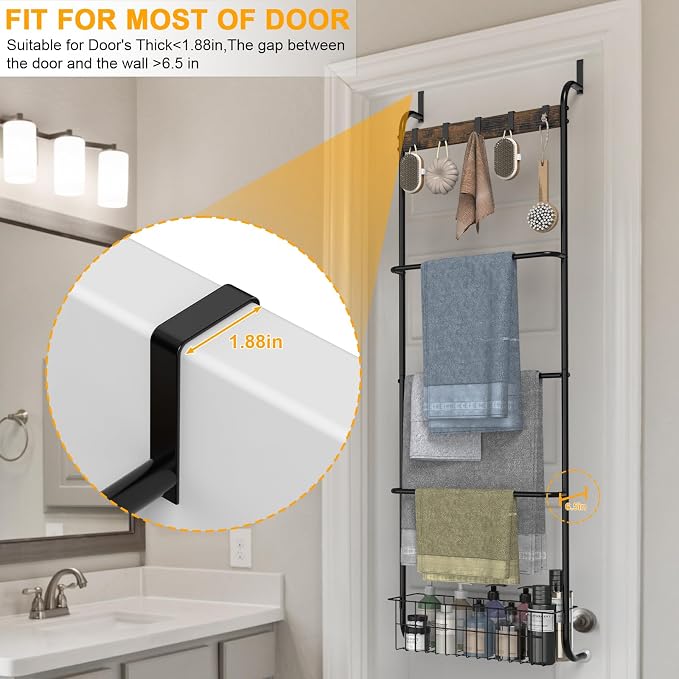 Over The Door Towel Rack,5-Tier Over Door Towel Racks for Bathroom,Towel Rack with Hooks and Basket Door Hanging,Blanket Ladder for Living Room Black