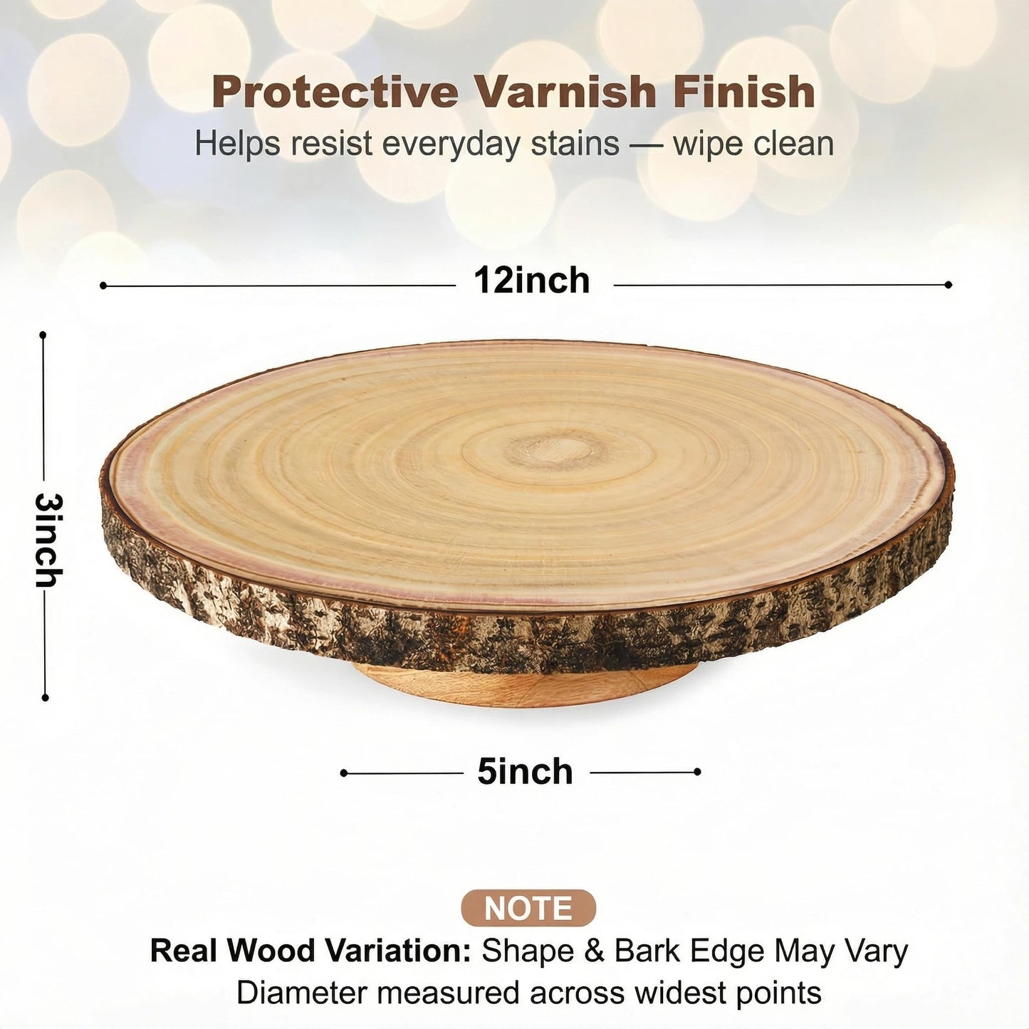 Relaxing Garden Customizable 12 Inch Rustic Wood Cake Stand Set with Bark Edge, Cake Knife & Server + Blank Wood Slice Topper — Cake Display for Weddings, Birthdays, Showers & Holiday Celebrations