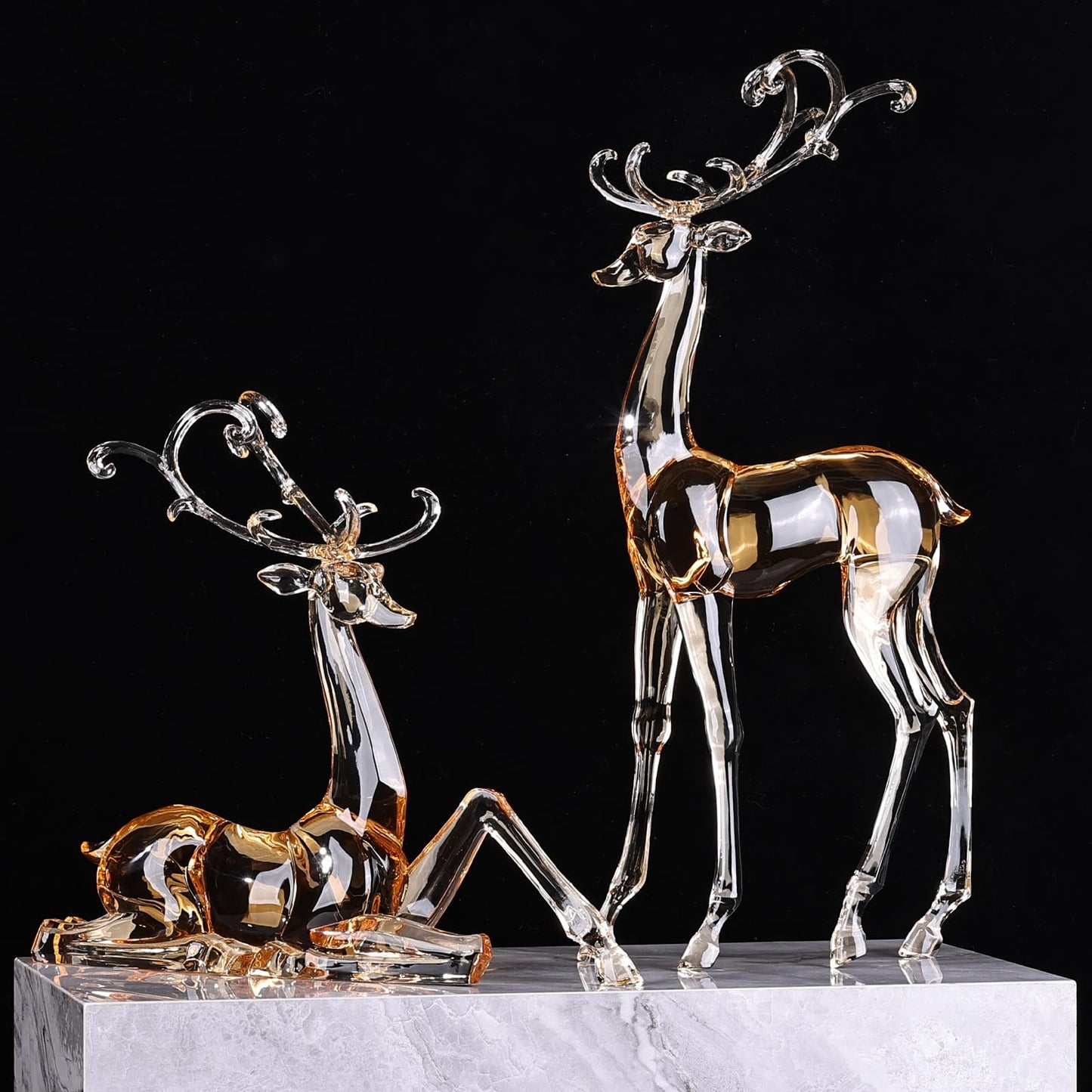 11" Tall Acrylic Christmas Reindeer Figurine - Elegant Clear Large Reindeer Ornaments for Christmas Indoor Decor, Holiday Centerpiece, Living Room, Fireplace, Table Display (Gold Sitting Reindeer)