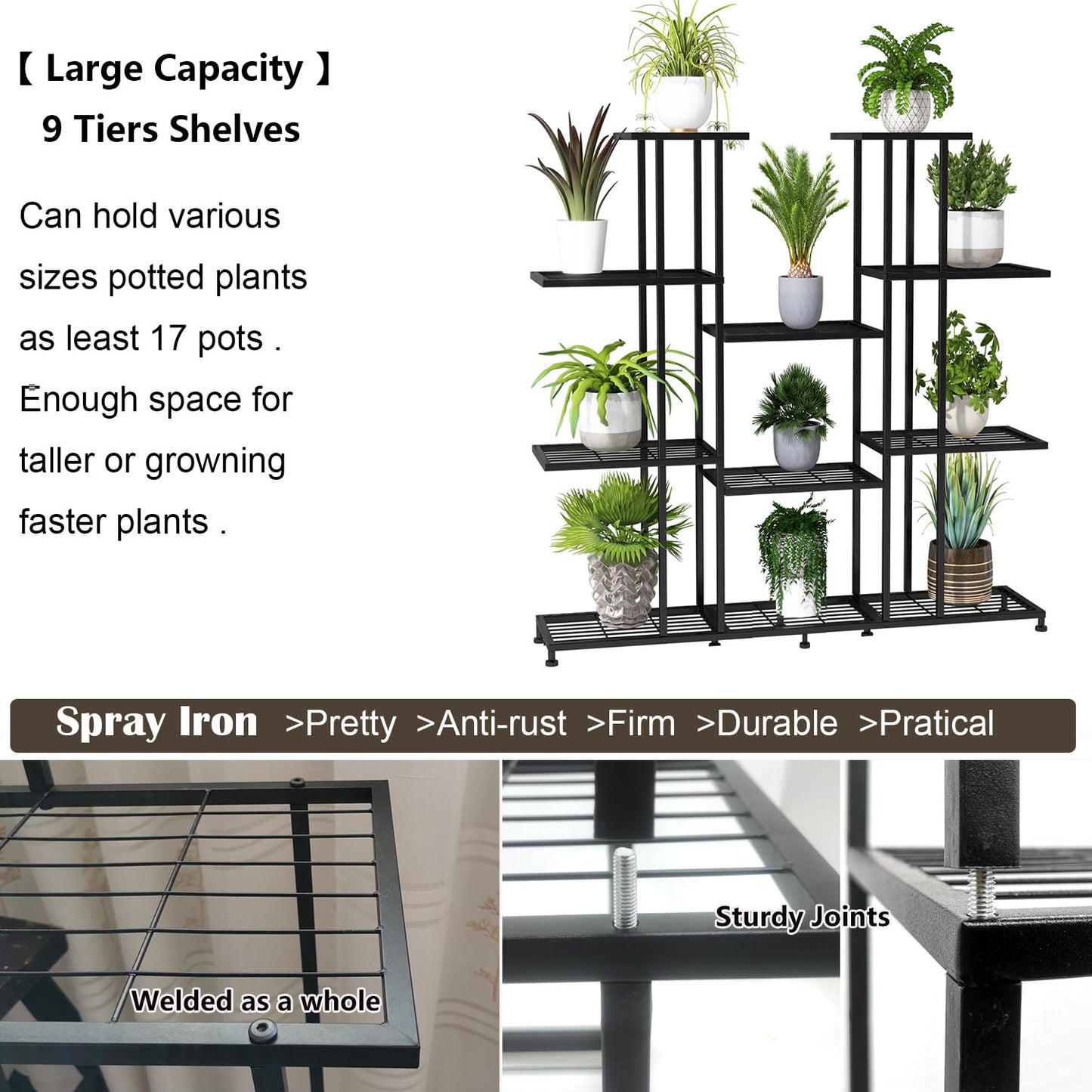 Twhep Heavy Duty Metal Plant Stand, large Multifunctional Plant Stand for Indoor Outdoor, for Tall Large Rack for Living Room Garden Balcony, Black(9 Tier)