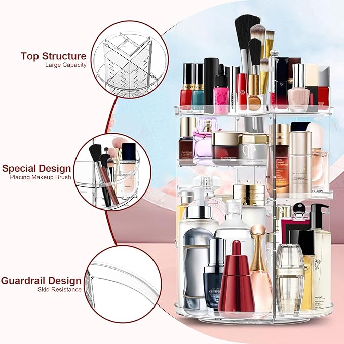 Makeup Organizer 360 Degree Rotating Cosmetic Organizer DIY Adjustable Makeup Carousel Spinning Holder Rack, Large Capacity Cosmetic Storage Box Makeup Brushes Organizer for Vanity Countertop (Clear)