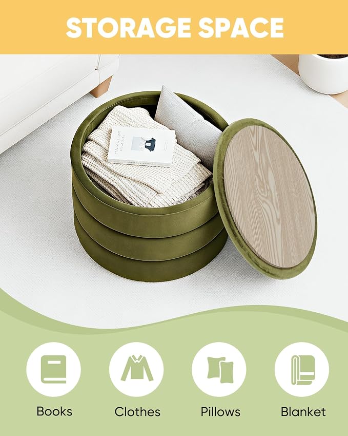 B FSOBEIIALEO Round Velvet Storage Ottoman with Tray, Folding Ottoman with Storage Coffee Table Foot Rest for Dorm Room, Living Room Olive, 22.83"x22.83"x17.32"