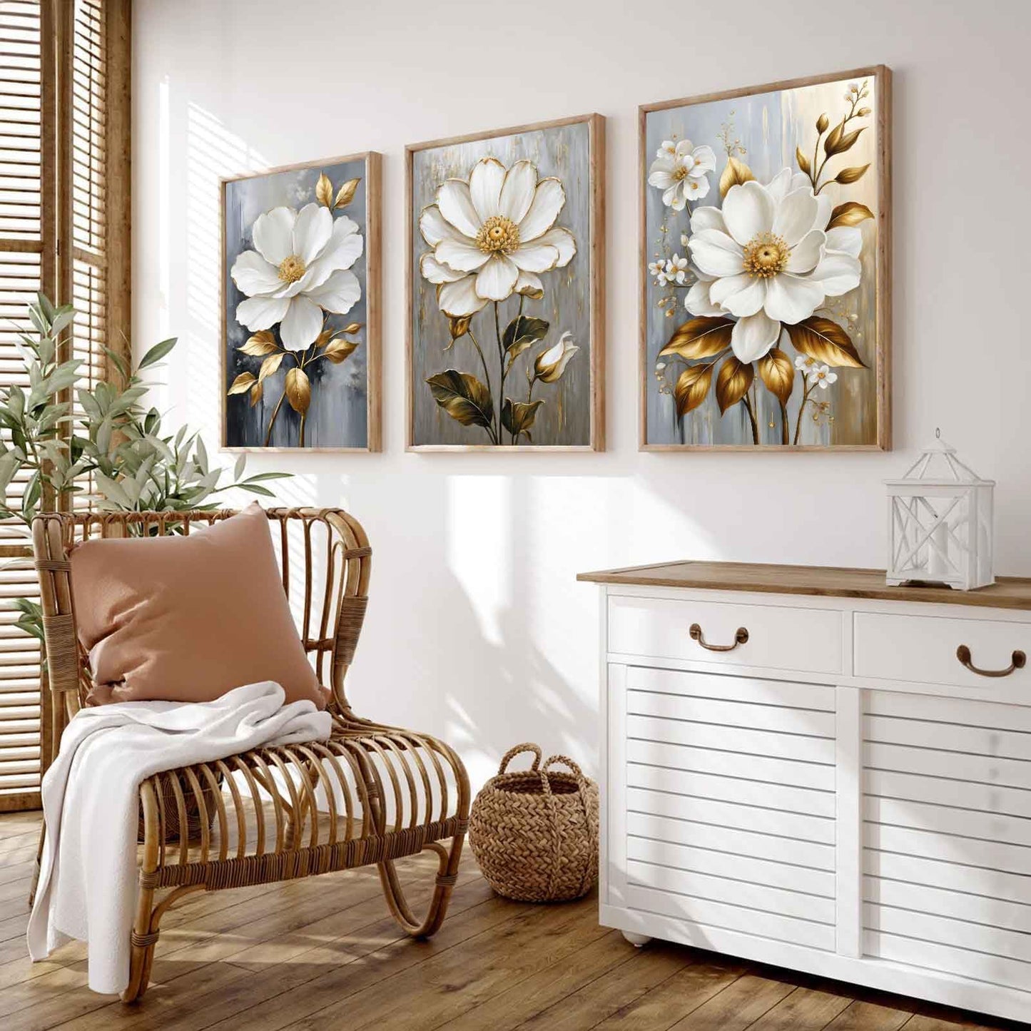 3Pcs White Flower Gold Leaf Canvas Wall Art Modern Plants Flowers Painting Decor Pictures Neutral Floral Bloom Posters Prints for Office Living Room Bathroom Bedroom Decoration No Frames