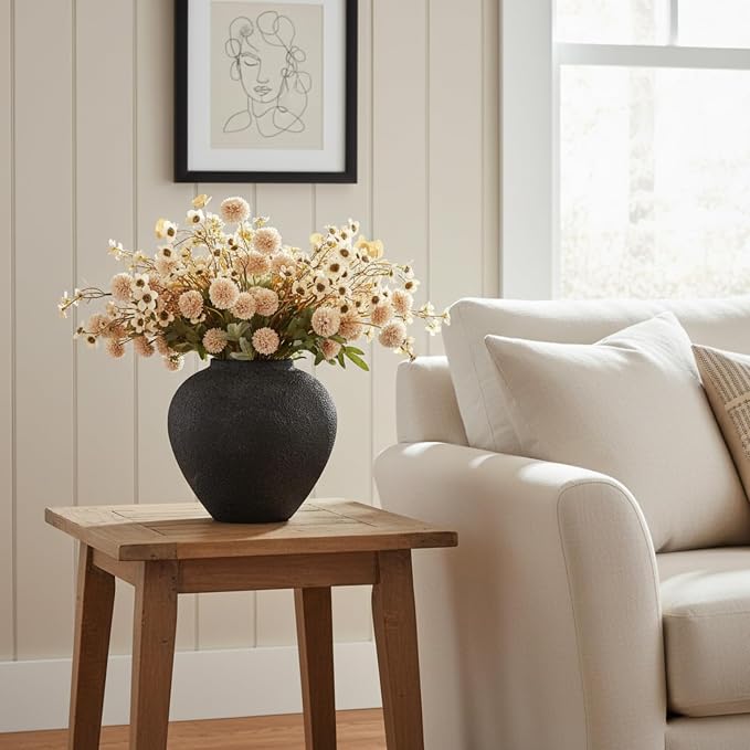 Black Large Round Vase Pottery Look for Home Decor, Arina Black Rustic Iron Vase Modern Farmhouse, Console Table Decor, Earthy Textured Metal Big Black Round Vases for Centerpieces, Jarrones Grandes