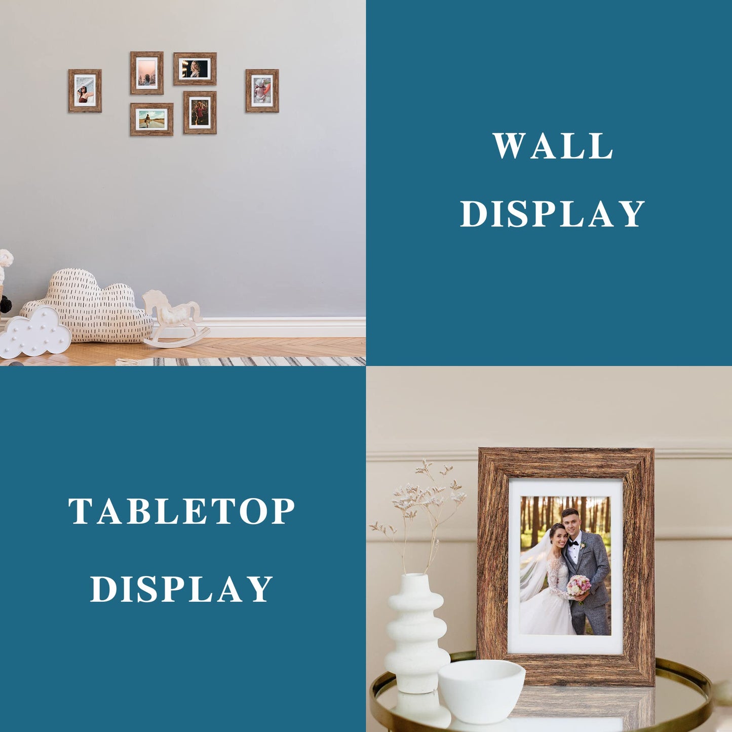 Hongkee 5x7 Picture Frame Set of 2, Made of Real Glass and Rustic Brown Wooden Frame - Display Pictures 4x6 with Mat or 5x7 Without Mat, 5 by 7 Photo Frame for Wall or Tabletop Display