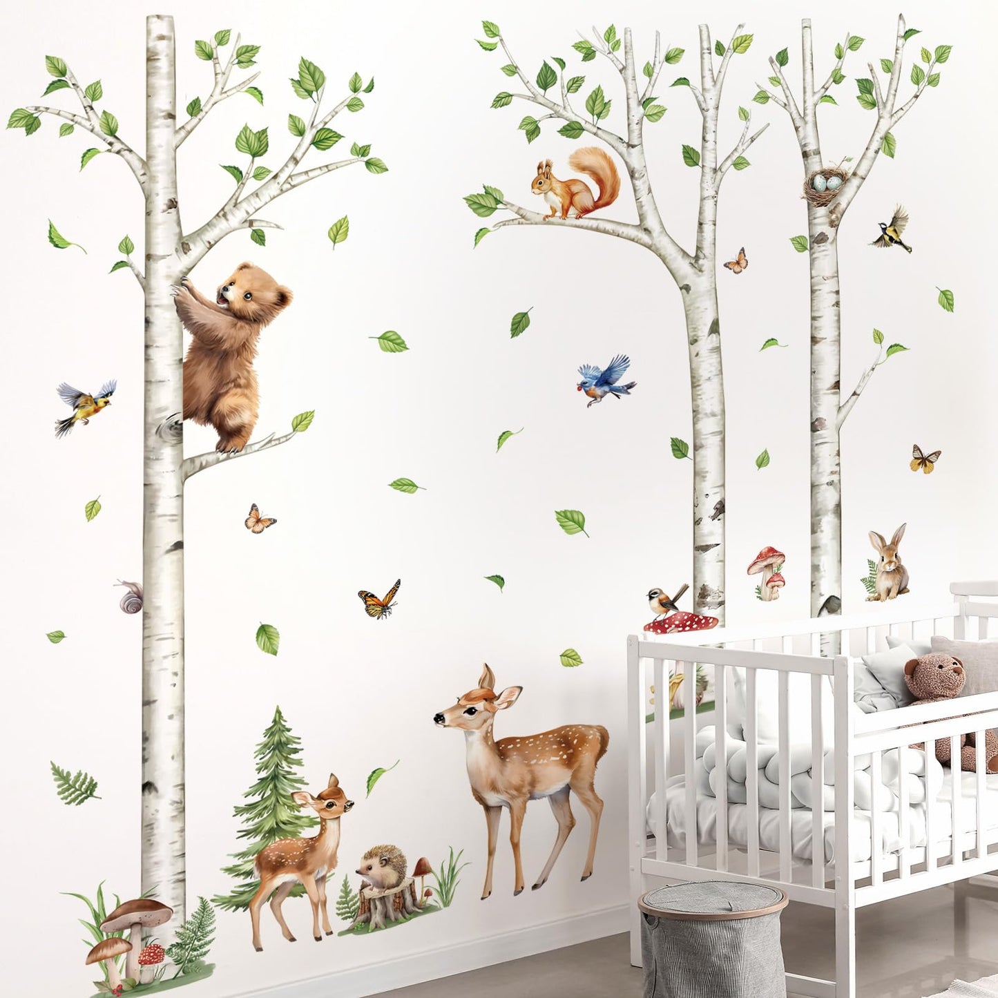 decalmile Large White Birch Tree Wall Decals Woodland Animals Bear Deer Rabbit Wall Stickers Living Room Baby Nursery Kids Room Wall Decor