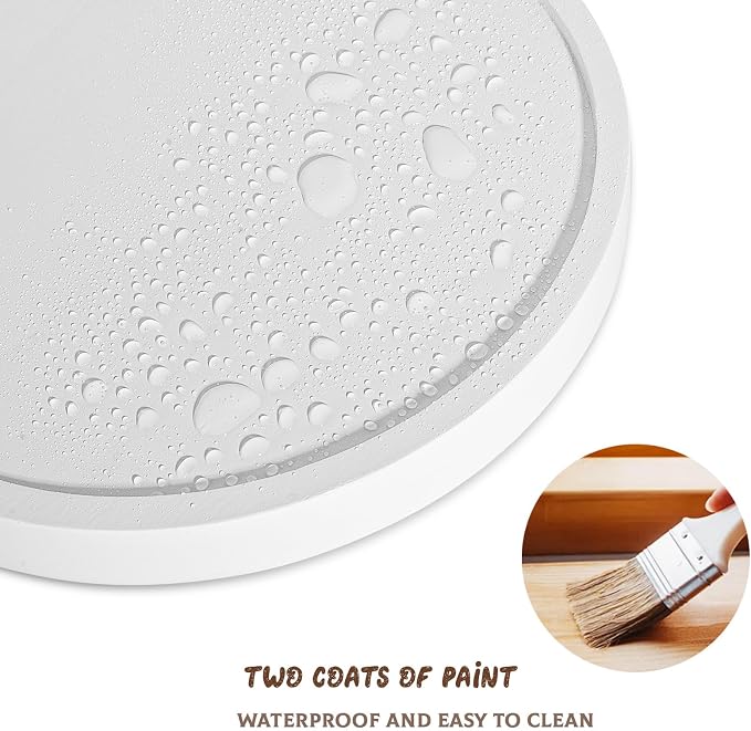 Round Decorative Tray Wood Bathroom Counter Organizer Farmhouse Kitchen Decor Wooden Riser for Soap Dish, Perfume, Candle, Sponge, 8" - White