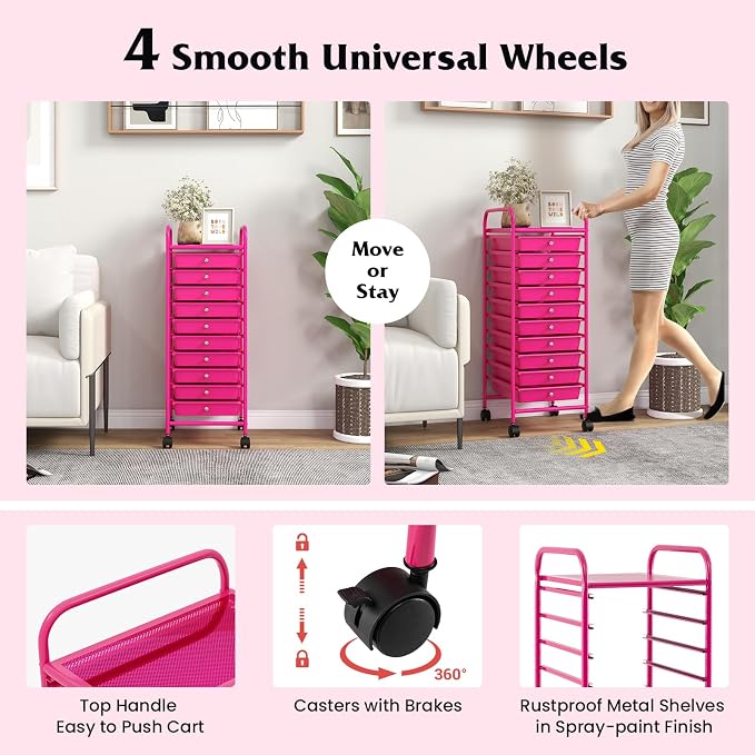Giantex 10-Drawer Storage Cart w/Universal Wheel, Rolling Cart w/Handle, Home Organizer Storage Unit w/Removable Drawers, Trolley Utility Cart for Kitchen Makeup Living Room Office Play Room, Hot Pink