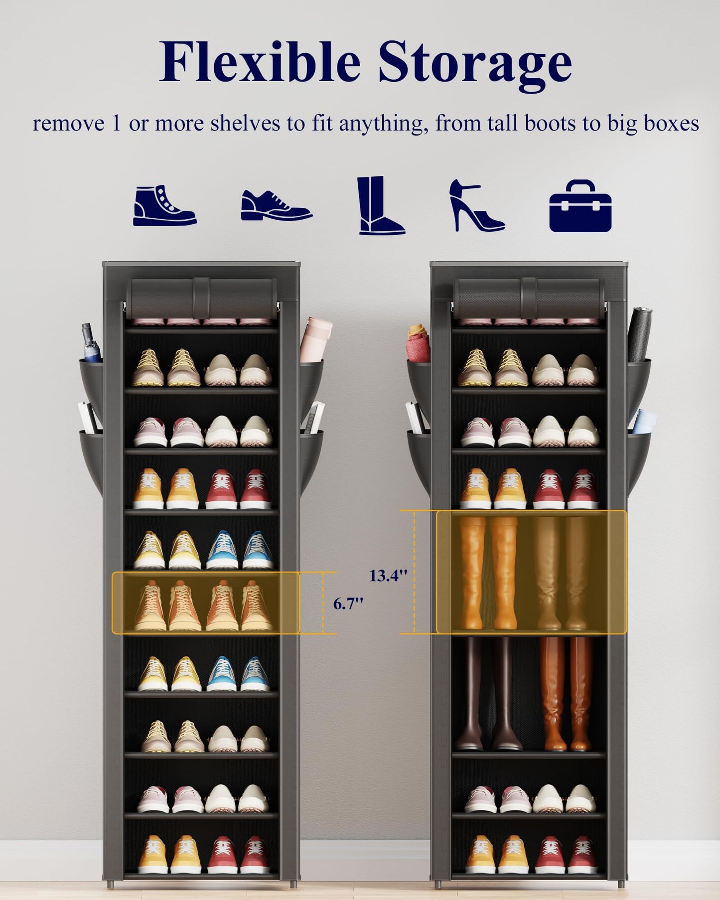 Kitsure Shoe Rack - 10-Tier Large Capacity Shoe Organizer Shelf with Dust Cover & Side Pockets, Rust-Proof Metal Shoe Rack for Closet, Entrance, Living Room, 17.5" x 12.4" x 69.3", Black