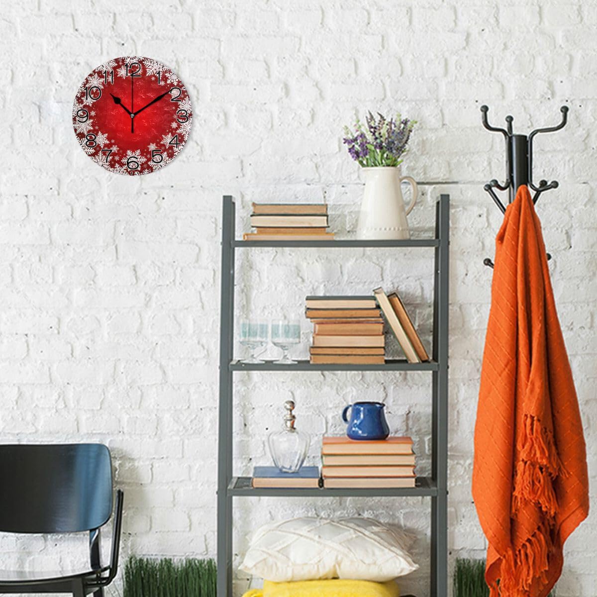 ALAZA Christmas White Snowflakes on Red Wall Clock Battery Operated Non Ticking Silent Quartz Analog Rustic Farmhouse Round Clock Retro Decor for Home Kitchen Living Room Bathroom