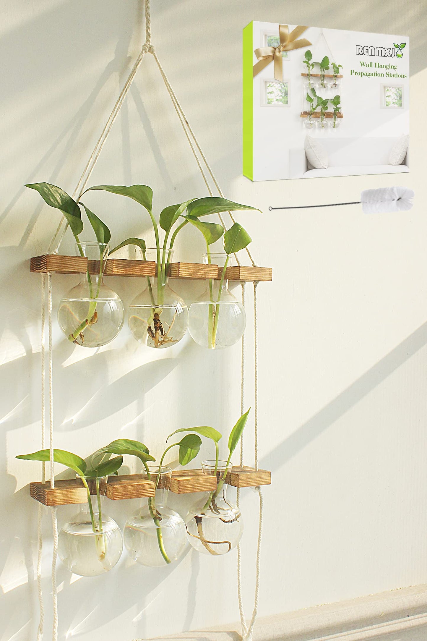 Renmxj Plant Propagation Station Wall Hanging, Plant Terrarium with 2 Tiered Wooden Stand for Hydroponics Plants, Unique Gardening Gifts for Women Mom Plants Lovers - 6 Bulb Glass Vases